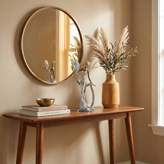 Metallic statue on entryway console table