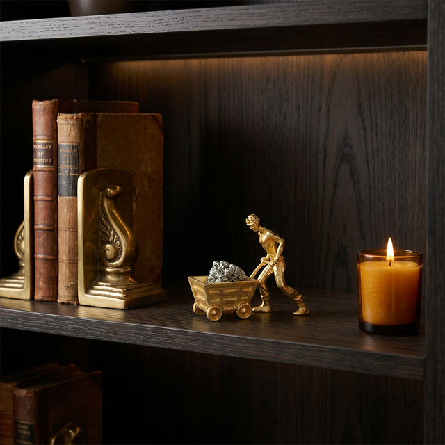 Gold Miner Figurine Desk Sculpture with Raw Pyrite Crystal — One-of-a-Kind Collectible Statue for Home Office, Bookshelf & Mantel | Unique Gift Idea