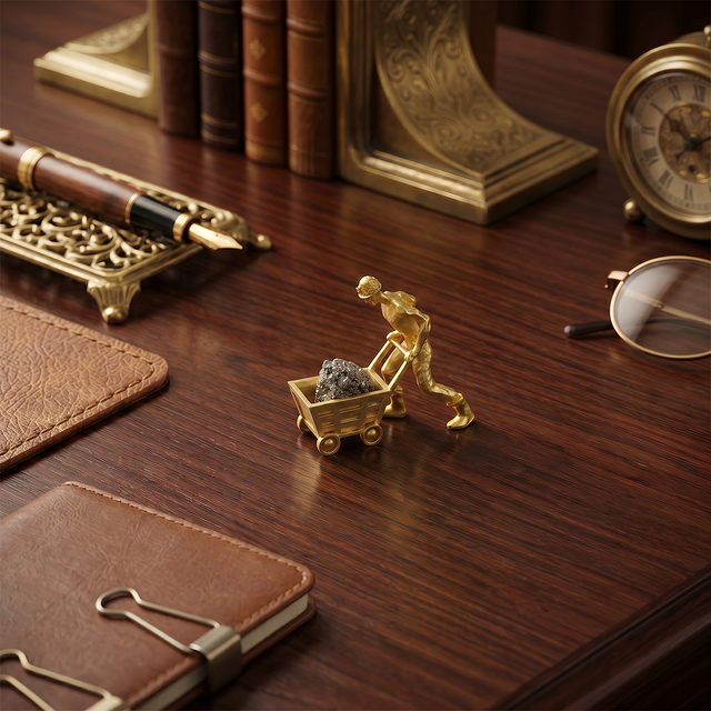 Gold Miner Figurine Desk Sculpture with Raw Pyrite Crystal — One-of-a-Kind Collectible Statue for Home Office, Bookshelf & Mantel | Unique Gift Idea