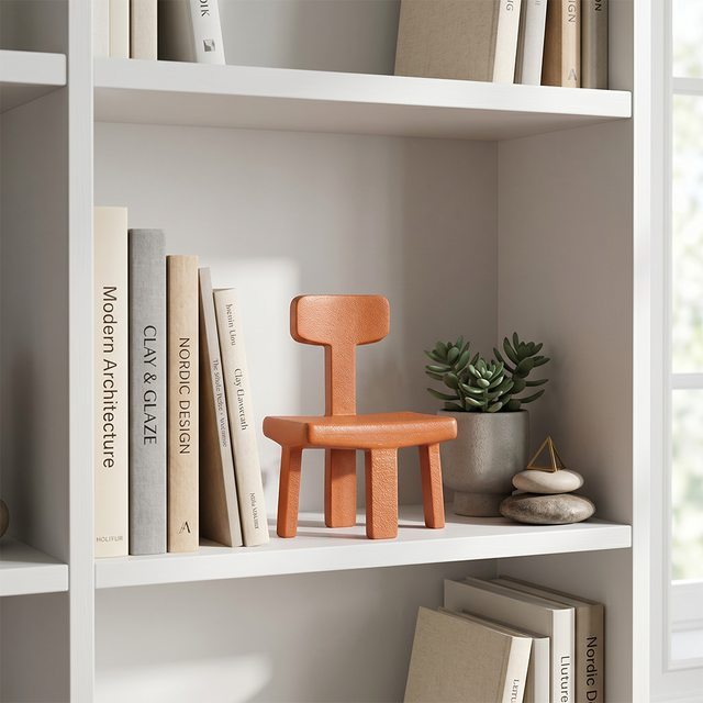 Mini chair ornament inside white open bookshelf