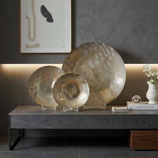 Decorative Glass Plate with Gold Foil Texture — Amber Pearl Finish, Concave Catchall Dish for Wall Art, Mantel & Shelf Display, Modern Organic Home Décor