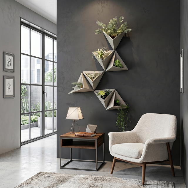 Sculptural Geometric Wall Planter, Nordic Triangle Concrete Vase, Modern Faux Cement Hanging Flower Pot for Living Room Entryway Decor
