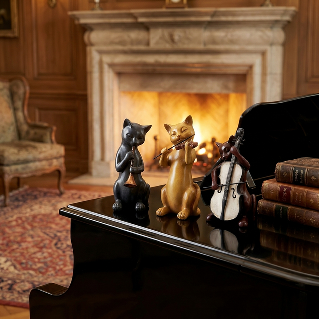 Musical Cat Figurine - Resin Animal Statue for Shelf & Mantel Decor, Music Room Accent, Cat Lover Gift