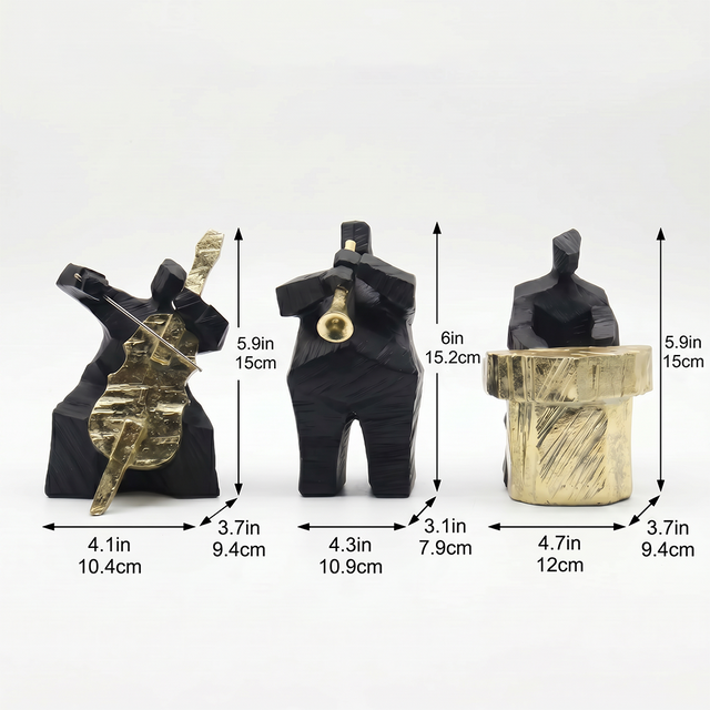Jazz Trio Musician Figurine Set of 3 – Abstract Resin Sculptures in Black & Gold | Cellist, Trumpet Player & Drummer for Modern Home Decor