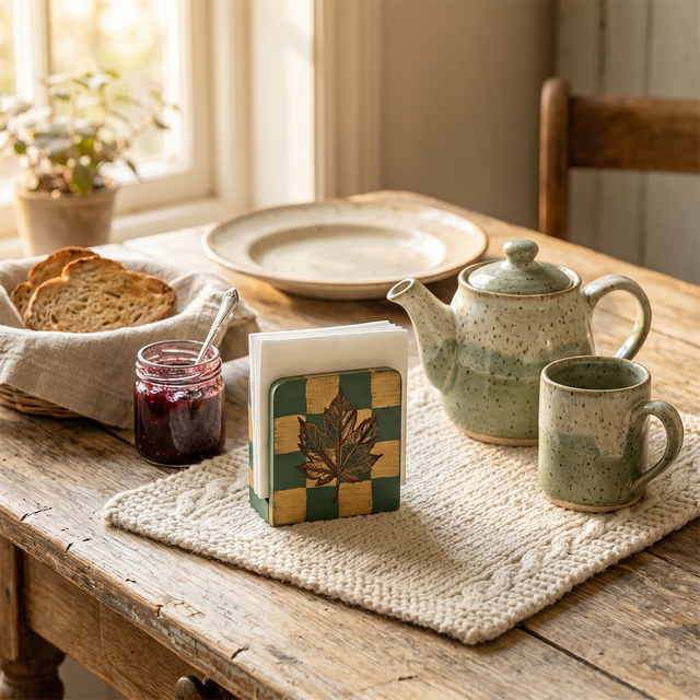 Napkin holder on rustic breakfast table
