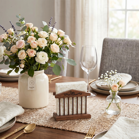Natural Wood Napkin Holder With Rose Bouquet