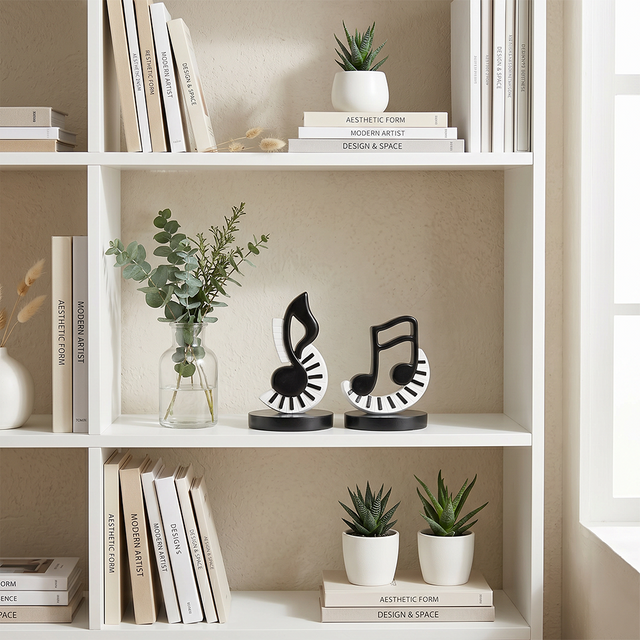 Music Note Sculpture Set of 2, Black & White Piano Key Resin Figurines, Modern Minimalist Shelf Decor