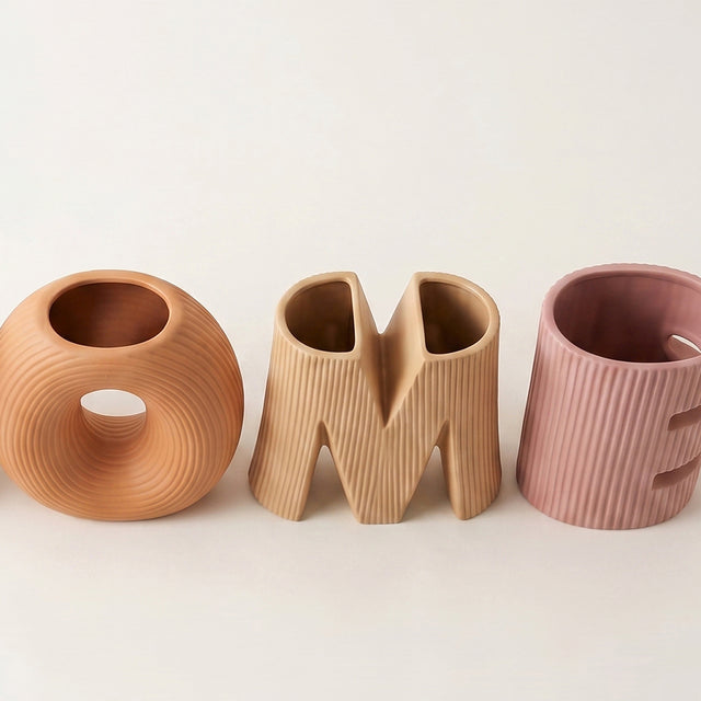 Set of 4 Ceramic HOME Letter Vase Set, Ribbed Textured Decorative Vases for Flowers and Plants, Boho Tabletop Decor for Shelf, Mantel, and Living Room