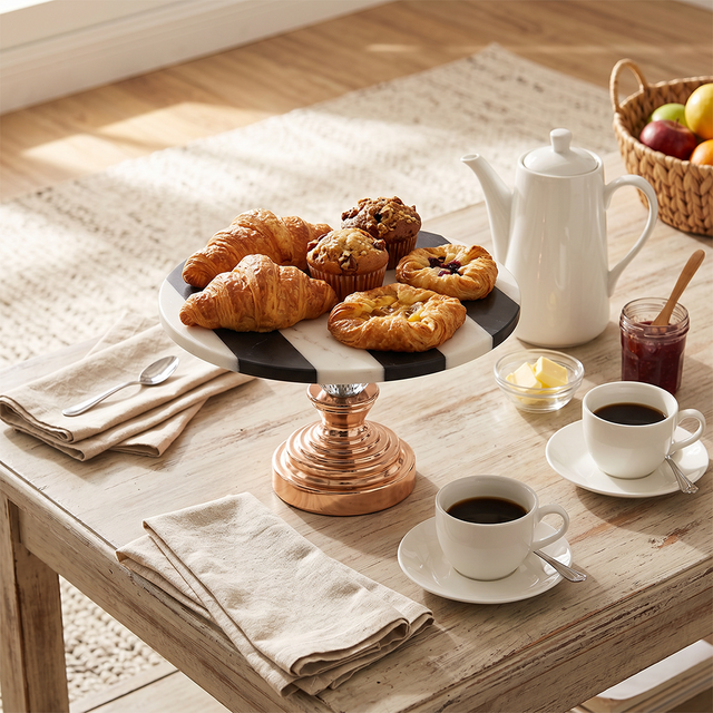 Pastry display on breakfast table
