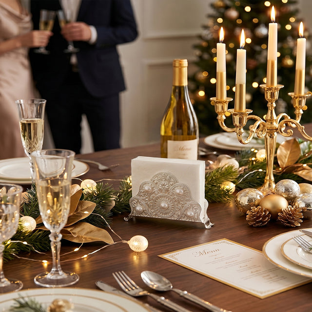 Pearl decor holder on holiday dinner setup