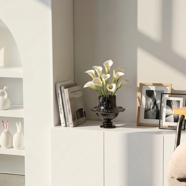 Pedestal vase in white niche display cabinet