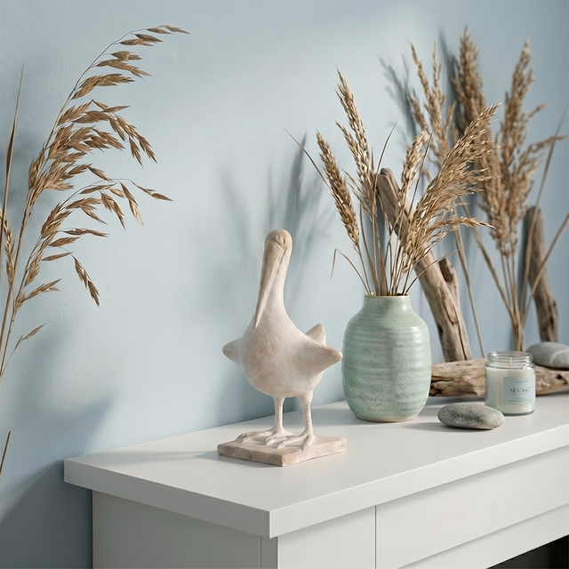 Resin Pelican Bird Sculpture, 14.5" Coastal Bird Statue with Stone Texture Finish — Boho Farmhouse Figurine for Living Room Shelf, Coffee Table & Entryway Décor