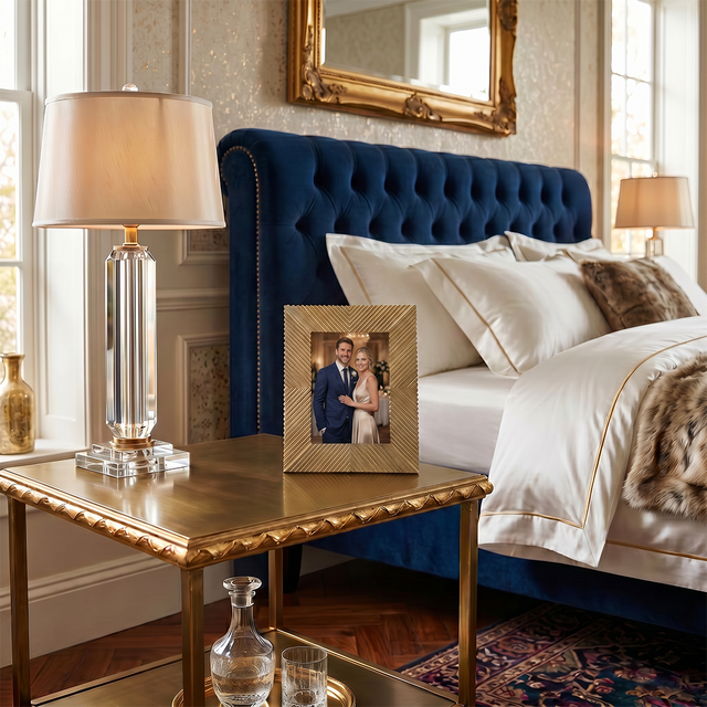Photo frame on bedroom side table

