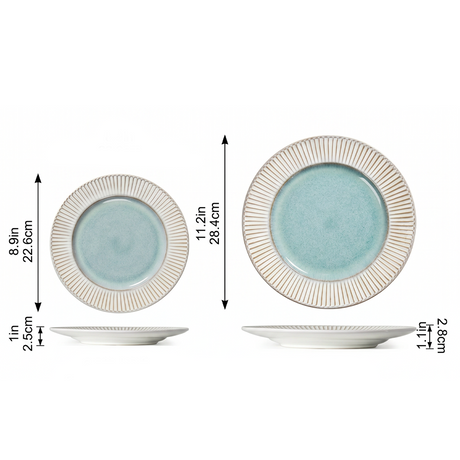 Handcrafted Ceramic Plates Set of 2 — Embossed Sunburst Rim & Reactive Celadon Glaze | Lead-Free Porcelain | 8.9″ & 11.2″
