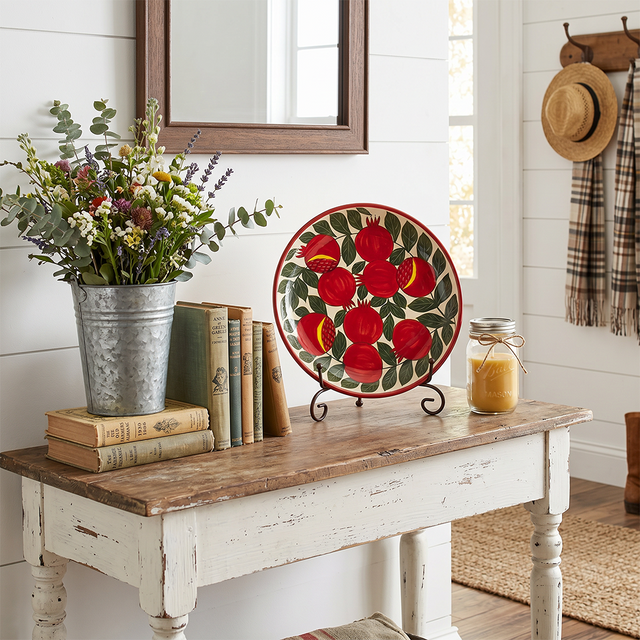 Large 14.8" Pomegranate & Leaf Pattern Charger, Hand-Painted Ceramic Decorative Plate, Terracotta Wall Art or Entertaining Platter