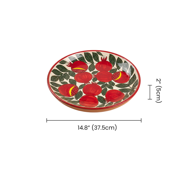 Large 14.8" Pomegranate & Leaf Pattern Charger, Hand-Painted Ceramic Decorative Plate, Terracotta Wall Art or Entertaining Platter