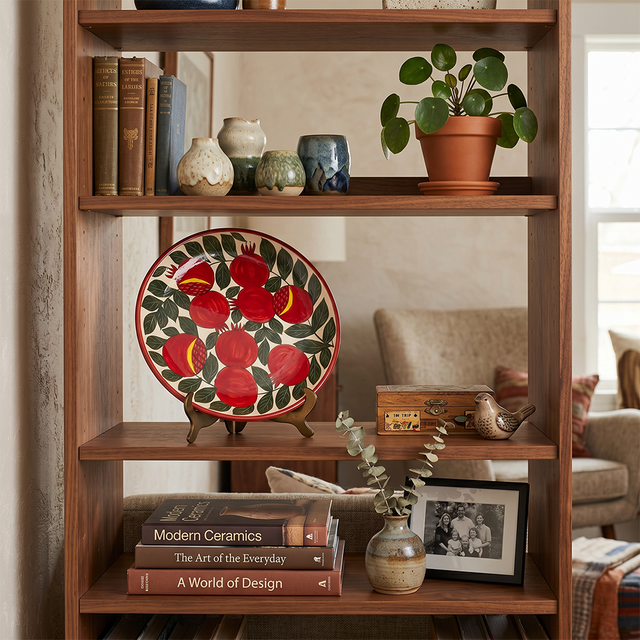 Large 14.8" Pomegranate & Leaf Pattern Charger, Hand-Painted Ceramic Decorative Plate, Terracotta Wall Art or Entertaining Platter