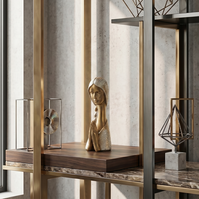 Prayer woman figurine on metal shelf