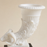 Decorative Ram Head Cornucopia Sculpture – White Resin Neoclassical Figurine with Black Wood Base