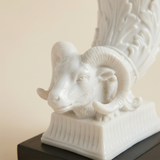 Decorative Ram Head Cornucopia Sculpture – White Resin Neoclassical Figurine with Black Wood Base