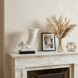 Decorative Ram Head Cornucopia Sculpture – White Resin Neoclassical Figurine with Black Wood Base