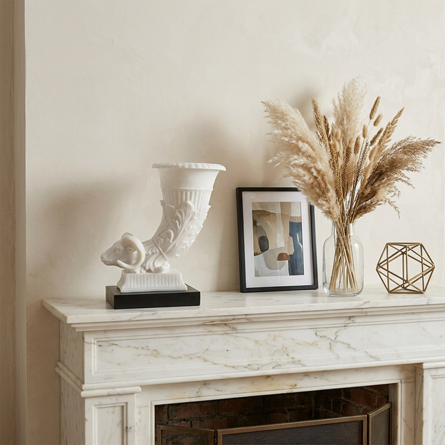 Decorative Ram Head Cornucopia Sculpture – White Resin Neoclassical Figurine with Black Wood Base