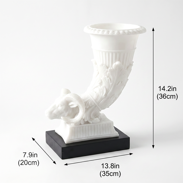 Decorative Ram Head Cornucopia Sculpture – White Resin Neoclassical Figurine with Black Wood Base