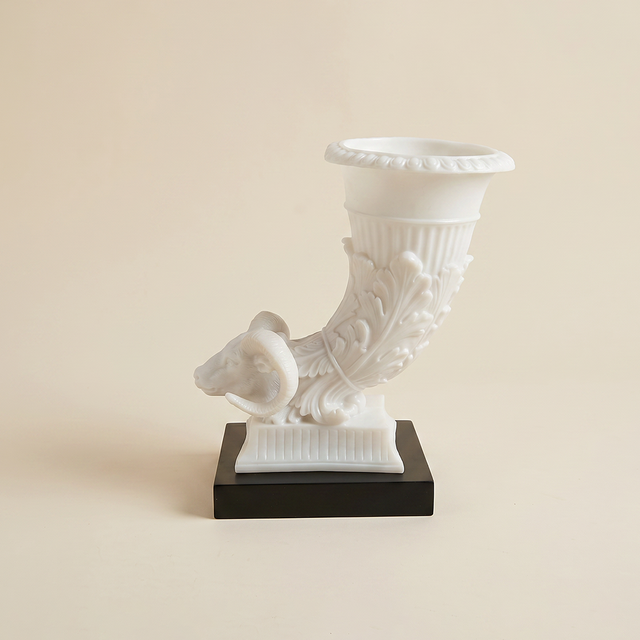 Decorative Ram Head Cornucopia Sculpture – White Resin Neoclassical Figurine with Black Wood Base