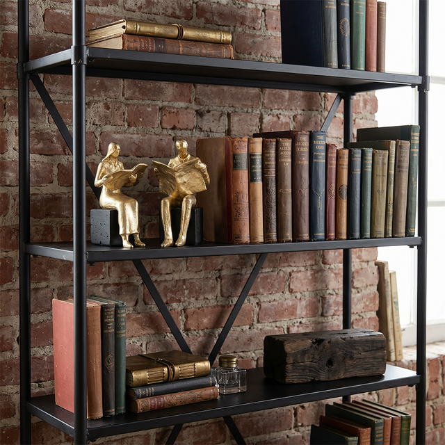 Golden Reader Sculpture – Polyresin Abstract Figurine, Antique Gold Finish & Black Base, Home Office Bookshelf Décor, Reading Nook Accent