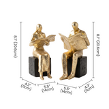 Golden Reader Sculpture – Polyresin Abstract Figurine, Antique Gold Finish & Black Base, Home Office Bookshelf Décor, Reading Nook Accent