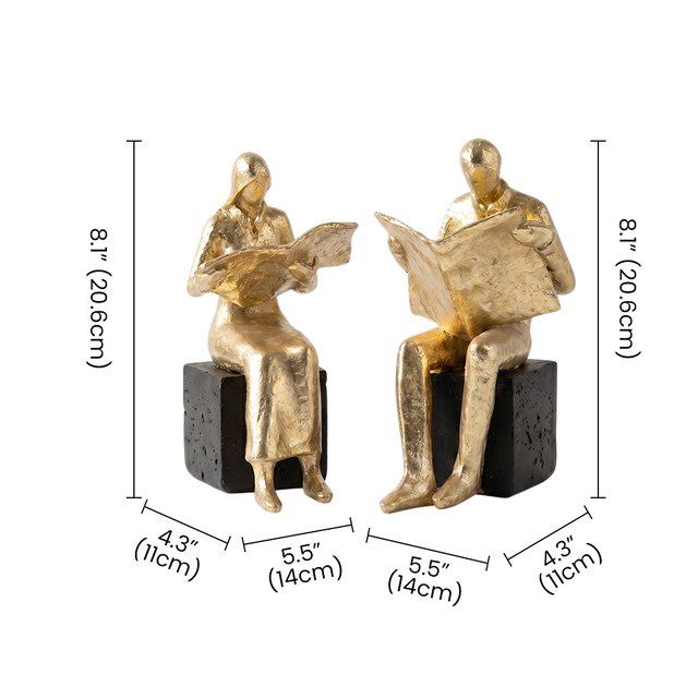Golden Reader Sculpture – Polyresin Abstract Figurine, Antique Gold Finish & Black Base, Home Office Bookshelf Décor, Reading Nook Accent