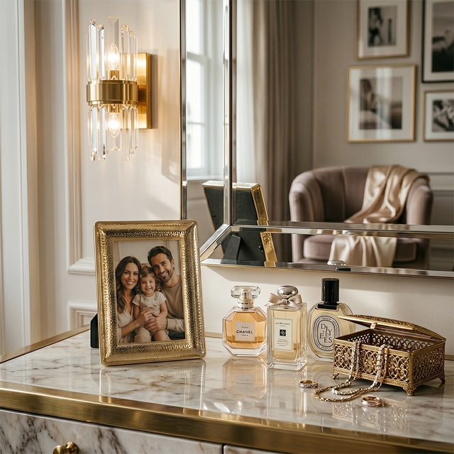 Rectangle Gold Frame On Dresser With Perfume