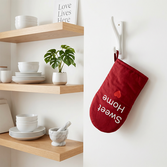 Red oven mitt hanging on wall
