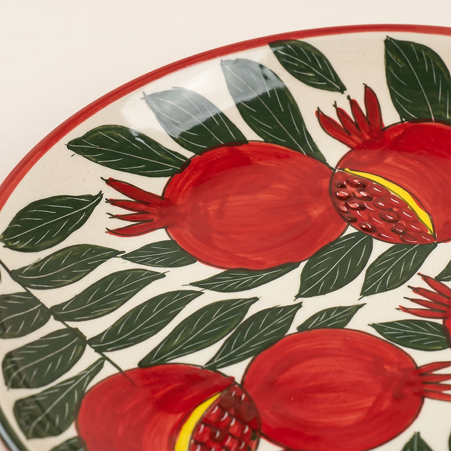 Large 14.8" Pomegranate & Leaf Pattern Charger, Hand-Painted Ceramic Decorative Plate, Terracotta Wall Art or Entertaining Platter