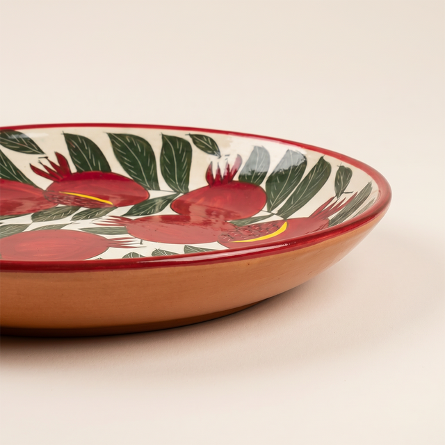 Large 14.8" Pomegranate & Leaf Pattern Charger, Hand-Painted Ceramic Decorative Plate, Terracotta Wall Art or Entertaining Platter