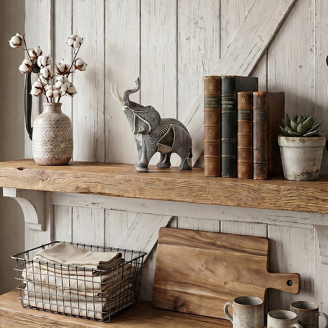 Resin elephant figurine on rustic wood wall shelf