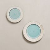 Handcrafted Ceramic Plates Set of 2 — Embossed Sunburst Rim & Reactive Celadon Glaze | Lead-Free Porcelain | 8.9″ & 11.2″