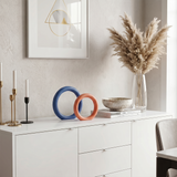Set of 2 Modern Ring Sculptures – Matte Resin Abstract Decor Figurines in Blue & Orange for Shelves, Consoles & Desks