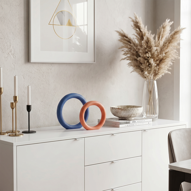 Set of 2 Modern Ring Sculptures – Matte Resin Abstract Decor Figurines in Blue & Orange for Shelves, Consoles & Desks