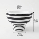 Black and White Striped Ceramic Pedestal Decorative Object, Hand Painted Accent Piece for Entryway, Console, and Coffee Table Decor
