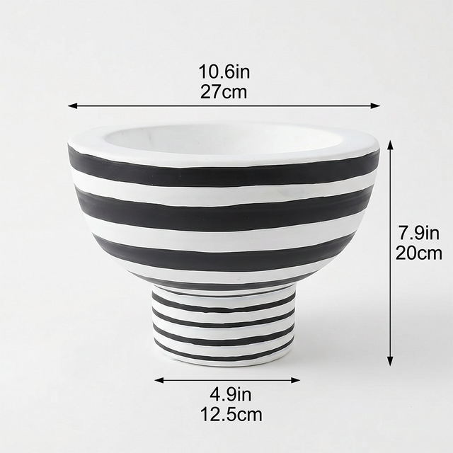 Black and White Striped Ceramic Pedestal Decorative Object, Hand Painted Accent Piece for Entryway, Console, and Coffee Table Decor