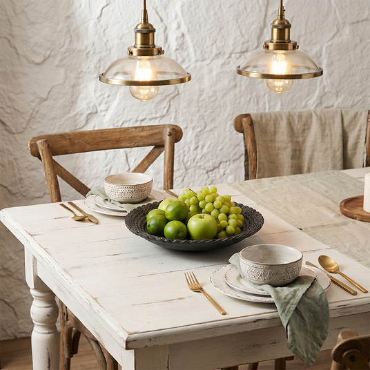 Round fruit dish on rustic white dining table