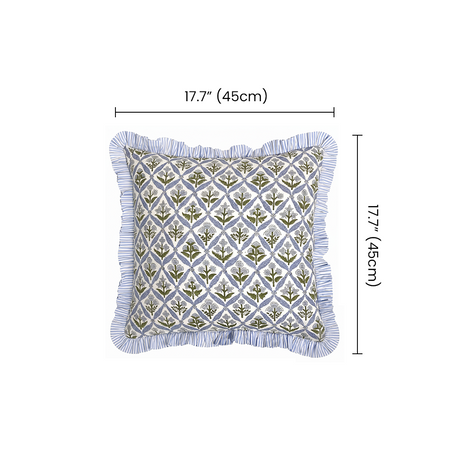 Floral Block Print Throw Pillow Covers Set of 2, Ruffled Edge Decorative Cushion Cases 18x18, Blue Green Botanical French Country Cottage Style for Sofa Bed Chair