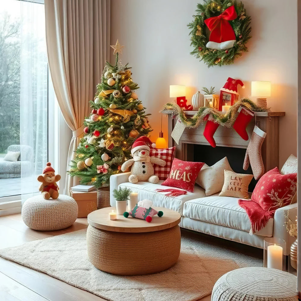 Scandinavian-Christmas-Woven-Cotton-Cord-Tissue-Holder-with-Colorful-Pom Poms On The Round Tea Table 081116