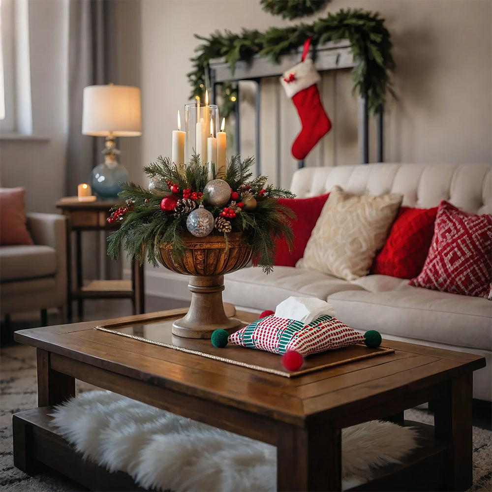 Scandinavian-Christmas-Woven-Cotton-Cord-Tissue-Holder-with-Colorful-Pom Poms On The Square Tea Table 081116