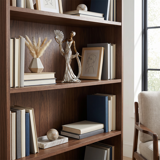 Sculpture displayed on wood bookshelf