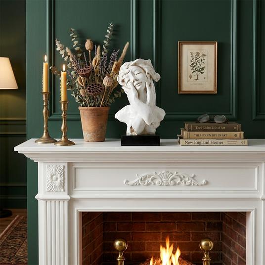 Sculpture placed on carved fireplace mantel