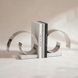 Decorative Silver Spiral C-Form Bookends with White Marble Base Set of 2– Modern Stainless Steel & Marble Book-Ends for Shelves, Desk & Living Room