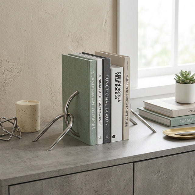 Sculptural Knot Bookends Set of 2, Decorative Polished Stainless Steel Bookend Pair for Shelf, Desk and Mantel
