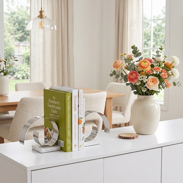 Decorative Silver Spiral C-Form Bookends with White Marble Base Set of 2– Modern Stainless Steel & Marble Book-Ends for Shelves, Desk & Living Room